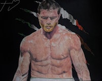 a painting of a boxer in front of an italian flag